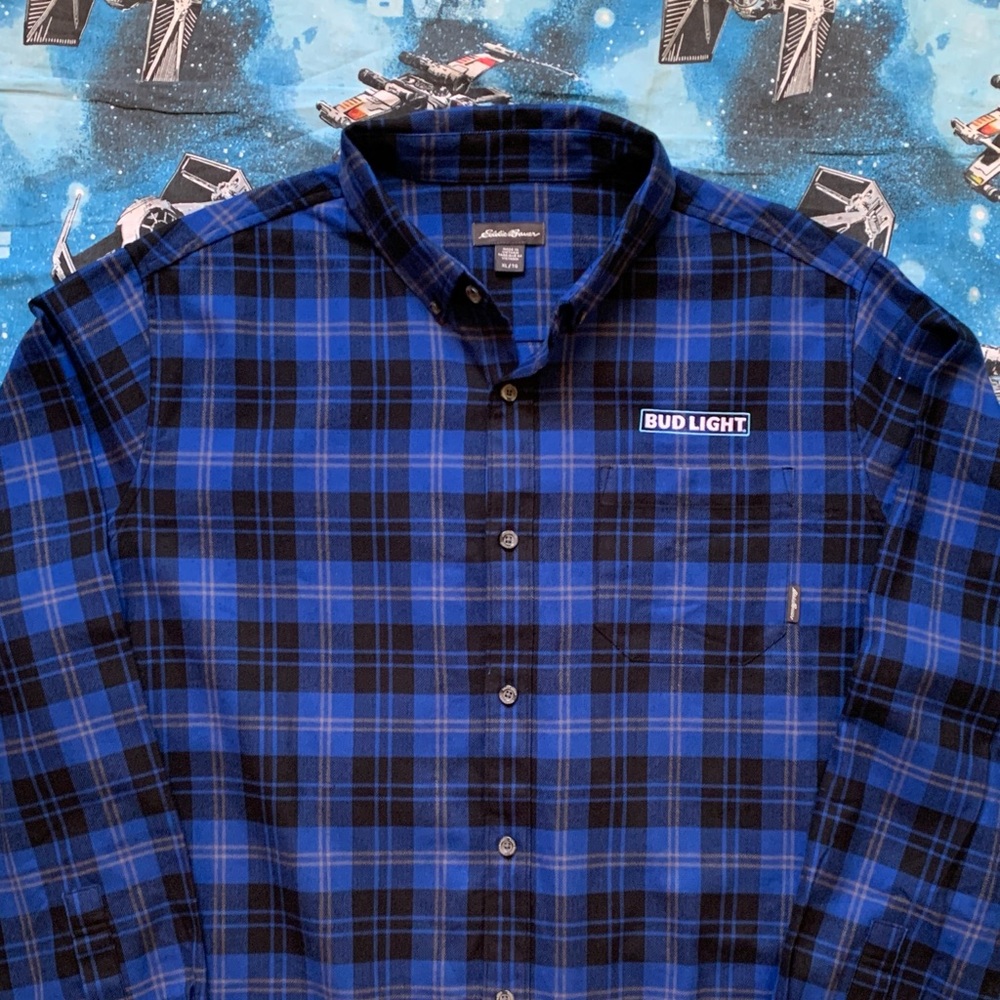 Bud Light Budweiser Eddie Bauer Blue and Black Plaid Men's Shirt Men’s XL